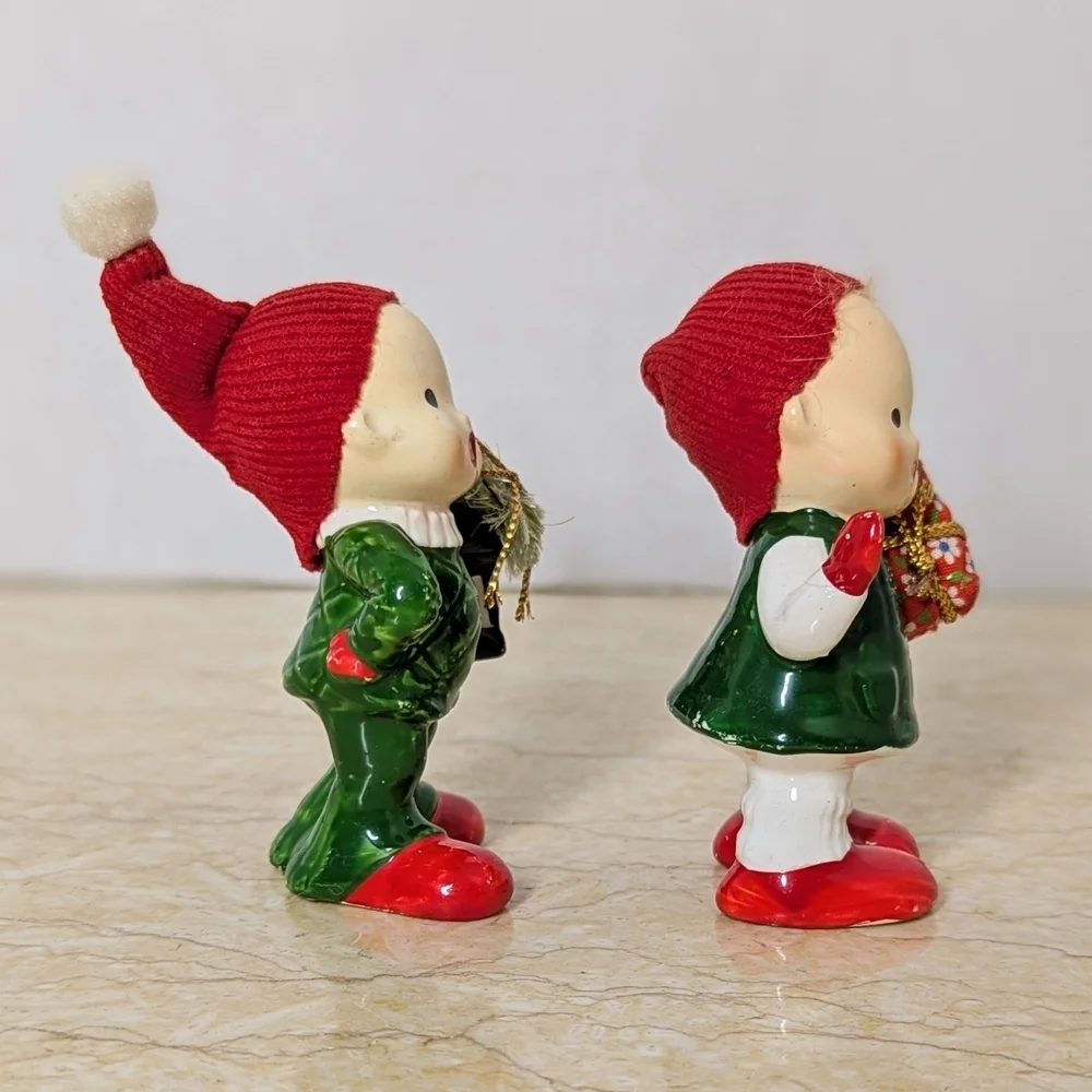 Vintage Napcoware Pair Christmas Elf Carolers 50's Ceramic Figurines Japan